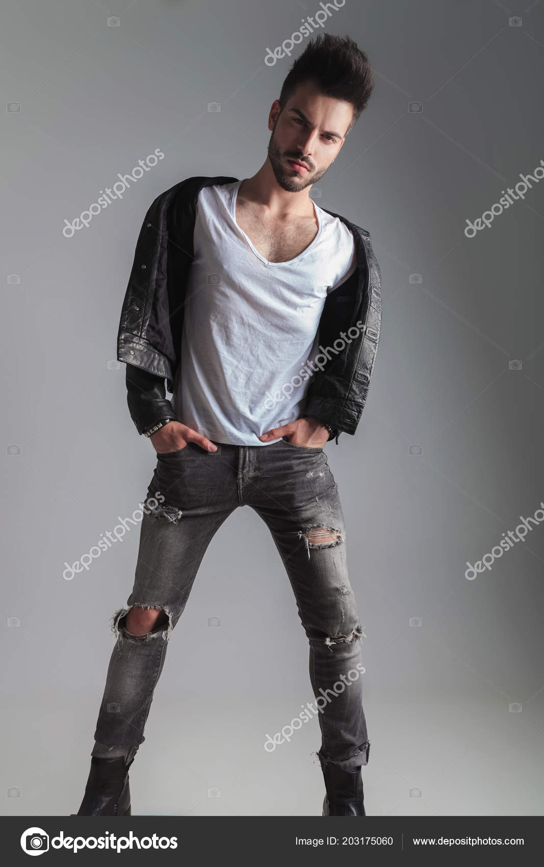 grey jeans leather jacket