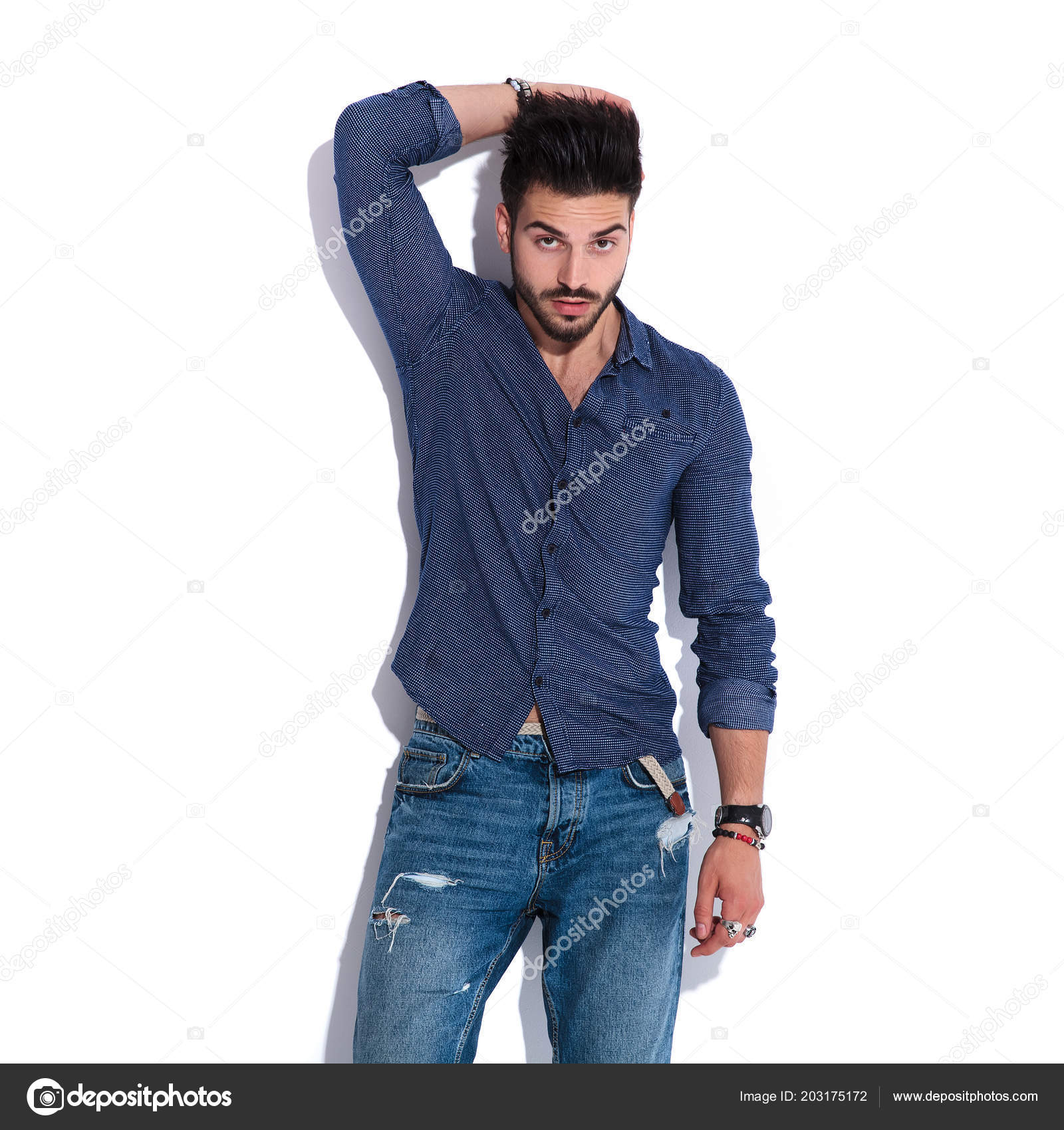 navy shirt and blue jeans