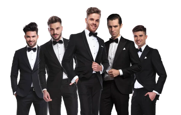 Portrait Group Five Elegant Men Tuxedoes Standing White Background Team — Stock Photo, Image