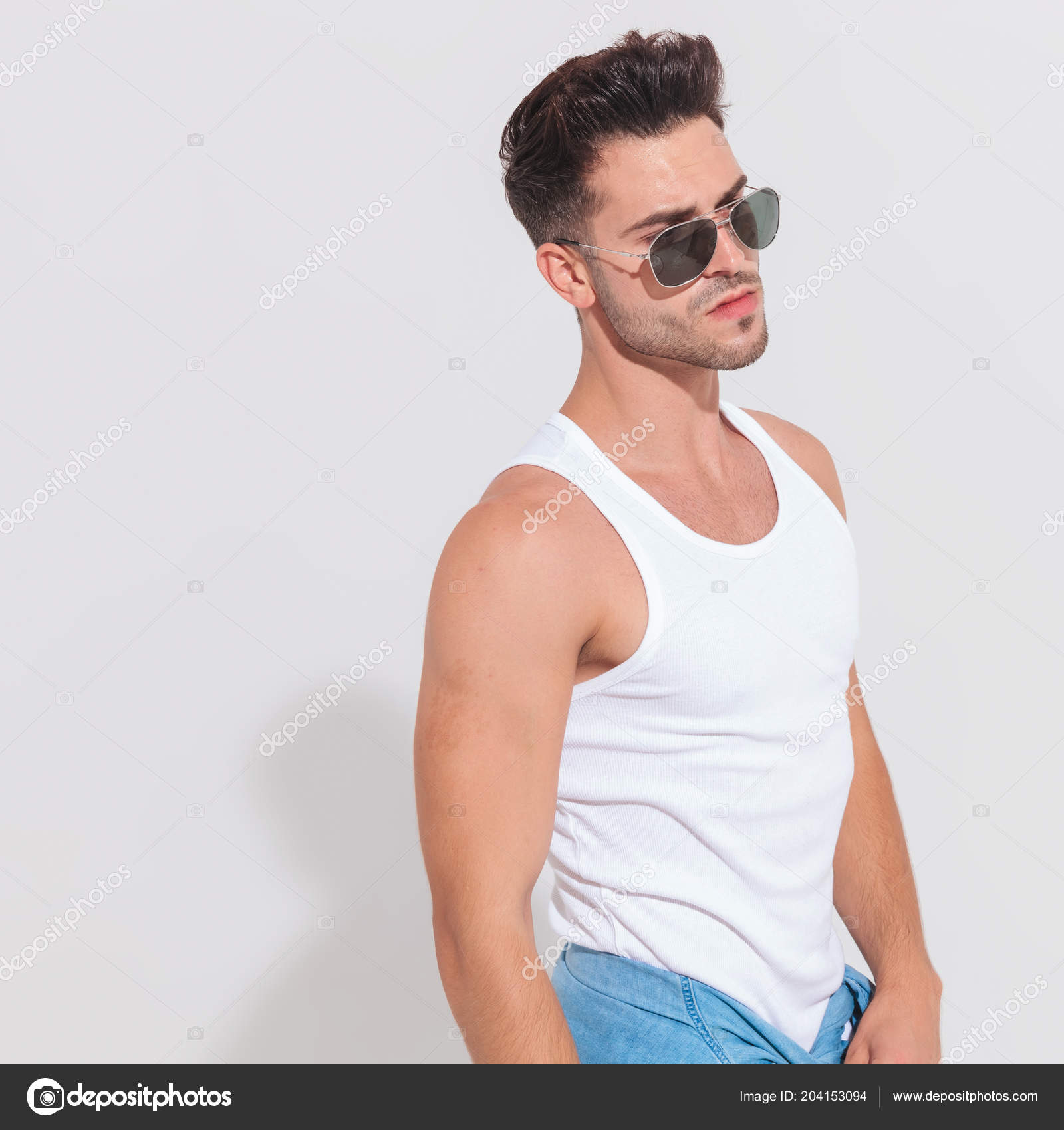 Portrait Seductive Muscular Man Wearing Sunglasses White Tank Top