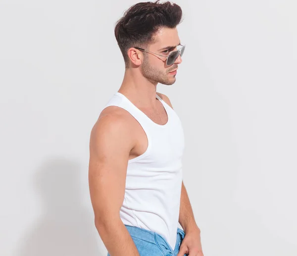 Side View Sexy Young Man Wearing Undershirt Sunglasses Standing White — Stock Photo, Image