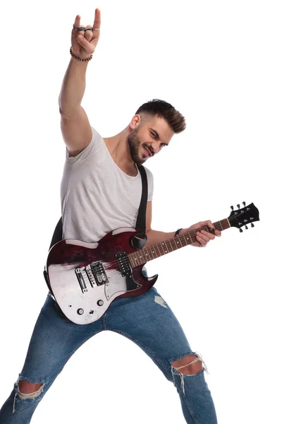 Excited Young Man Guitar Makes Rock Sign Hand Air Concert — Stock Photo, Image