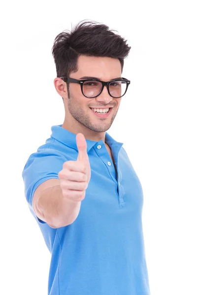 Young Casual Man Making Thumbs Hand Sign White Background — Stock Photo, Image