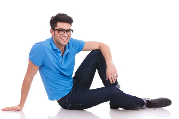 Relaxed Casual Man Sitting Floor White Background — Stock Photo, Image