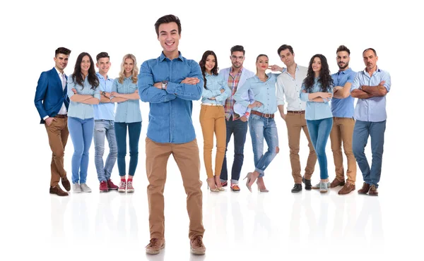 Happy Confident Team Leader Standing Arms Crossed Front His Young — Stock Photo, Image