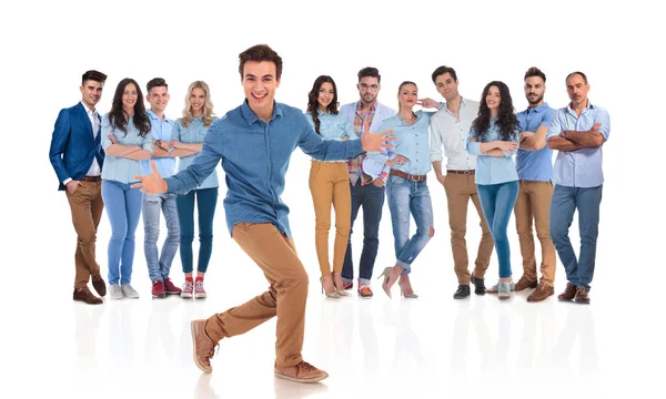 Excited Young Man Invites You His Casual Group Energetic Hand — Stock Photo, Image