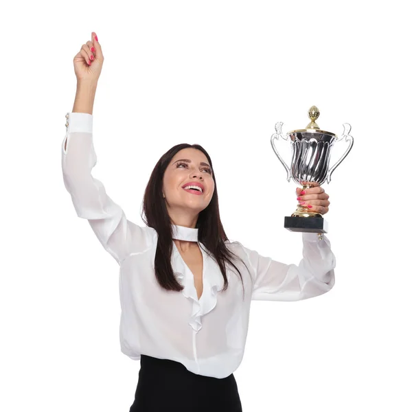 Portrait Businesswoman Holding Trophy Celebrating While Looking Standing White Background — Stock Photo, Image