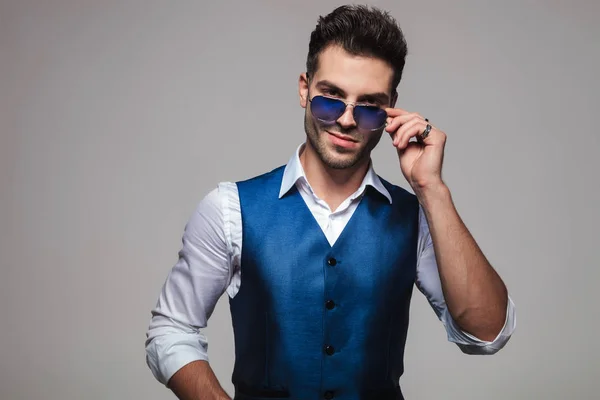 Portrait Stylish Man Smiling Fixing His Blue Sunglasses While Standing — Stock Photo, Image
