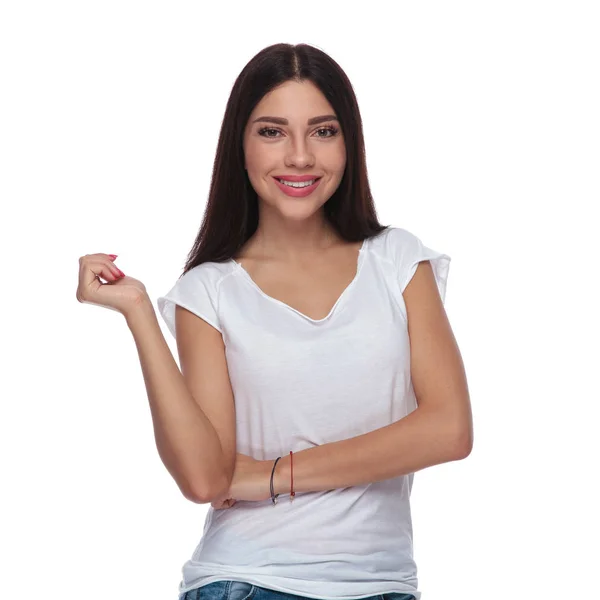 Portrait Beautiful Brunette Woman Wearing White Shirt Standing White Background — Stock Photo, Image