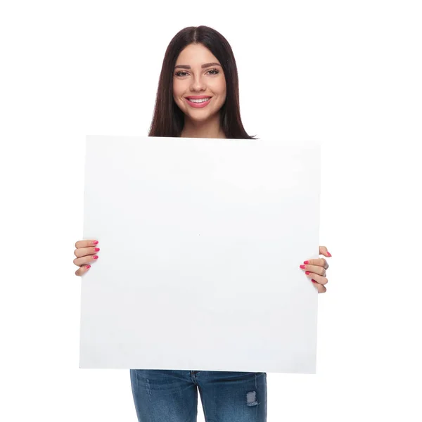 Portrait Brunette Casual Woman Holding White Board While Standing White — Stock Photo, Image