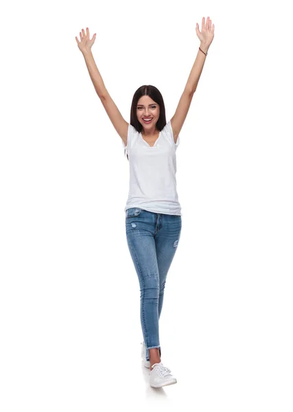 Beautiful Brunette Woman White Shirt Stepping Celebrating White Background Hands — Stock Photo, Image