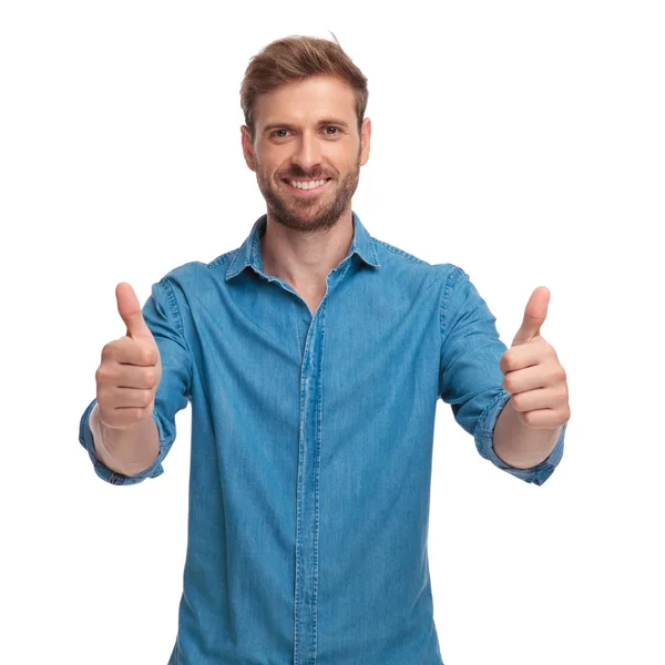 Happy Casual Man Makes Sign White Background — Stock Photo, Image