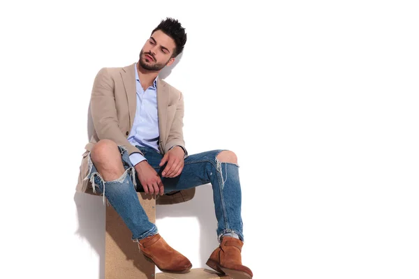 Smart Casual Man Wearing Brown Suit Sitting Wooden Boxes Looking — Stock Photo, Image