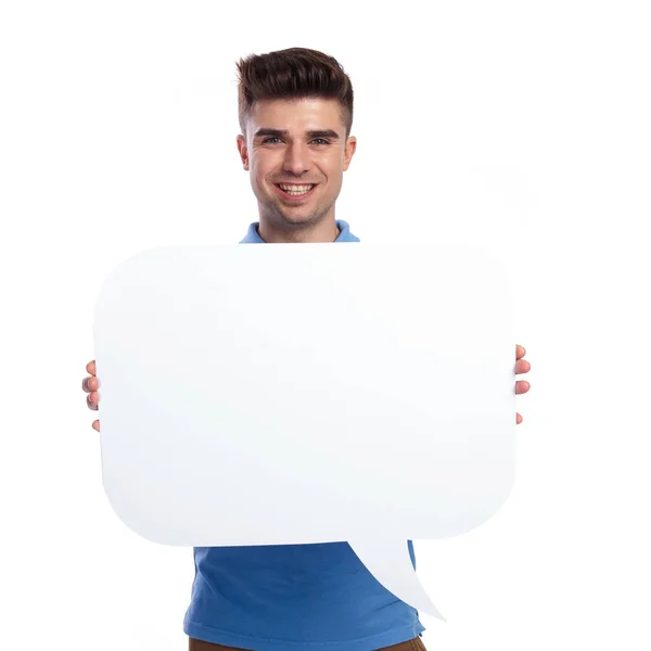 Glücklicher Junger Mann Mit Einer Leeren Sprechblase Auf Weißem Hintergrund — Stockfoto
