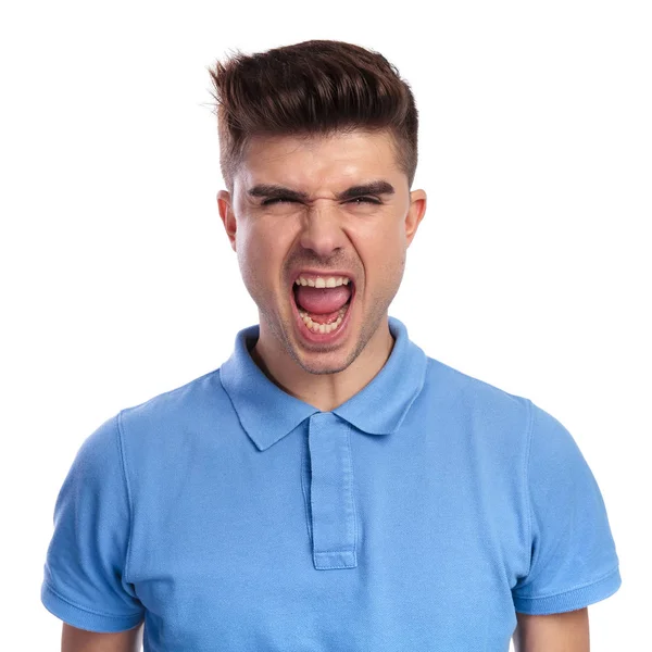 Furious Casual Man Screams White Background — Stock Photo, Image