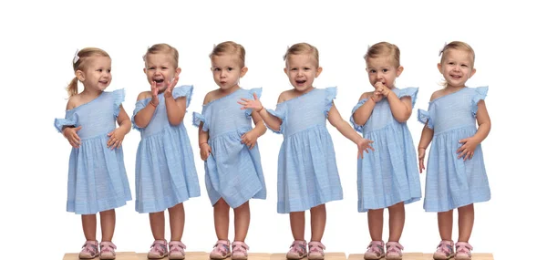 Колаж Розташування Чарівної Маленької Дівчинки Блакитній Сукні Різних Позах Білому — стокове фото