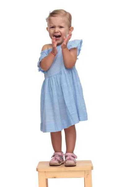 Взволнованная Маленькая Милая Девочка Аплодирует Кричит Стоя Стуле Белом Фоне — стоковое фото