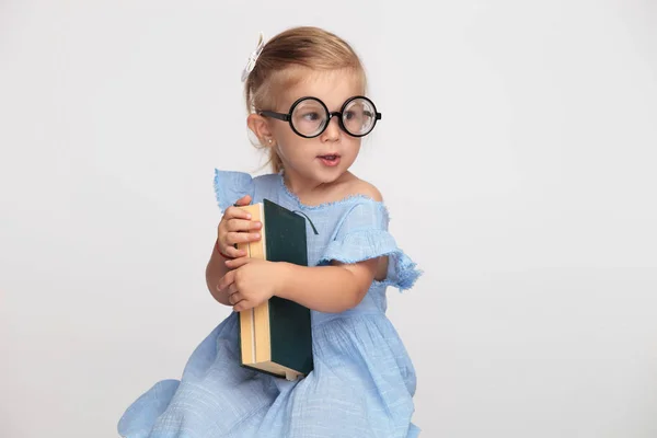Cool Nerdy Little Girl Holding Her Book Waits School Start — Stock Photo, Image