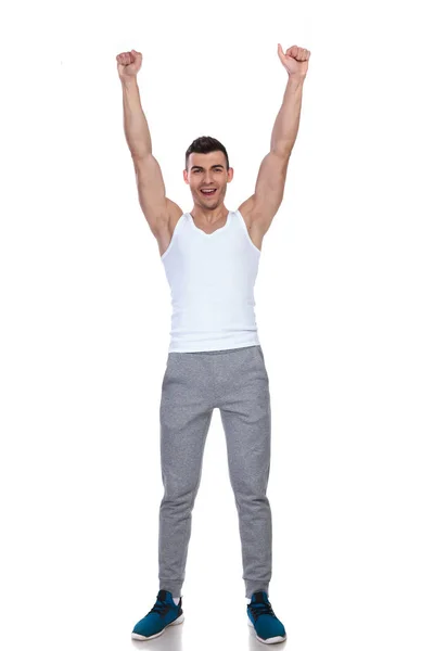 Excited Young Man Wearing White Top Celebrating Fists Air While — Stock Photo, Image