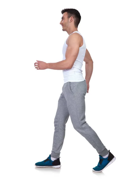 Vista Lateral Homem Apto Sportswear Jogging Fundo Branco Imagem Comprimento — Fotografia de Stock