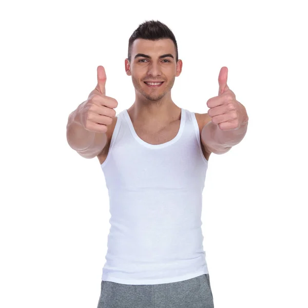 Portrait Young Fit Man Making Sign While Standing White Background — Stock Photo, Image