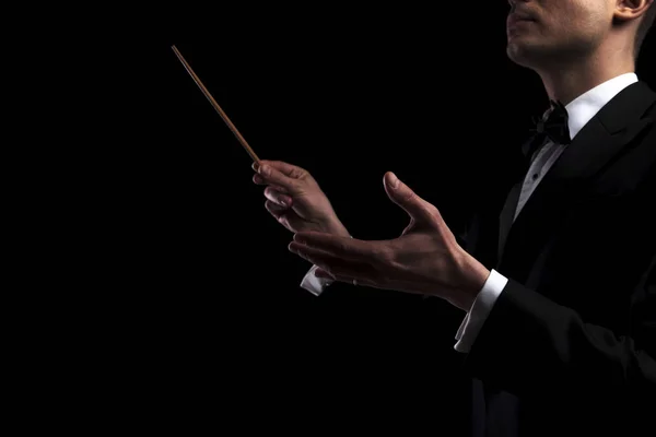 portrait of young orchestra conductor performing with a baton while standing on black background