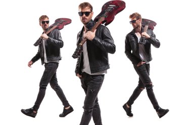 Deri ceketler ve güneş gözlüğü takıyor ve beyaz arka plan üzerinde yürürken omzuna gitar sahip üç yakışıklı rock starlar