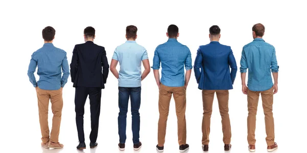 Back View Six Relaxed Young Men Wearing Suits Blue Shirts — Stock Photo, Image