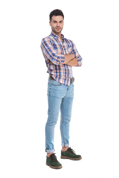 Handsome Casual Man Wearing Checkers Shirt Standing Arms Folded White — Stock Photo, Image