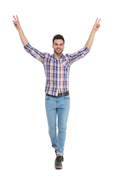 Young Man Wearing Shirt Plaids Walking White Background Celebrating Hands — Stock Photo, Image
