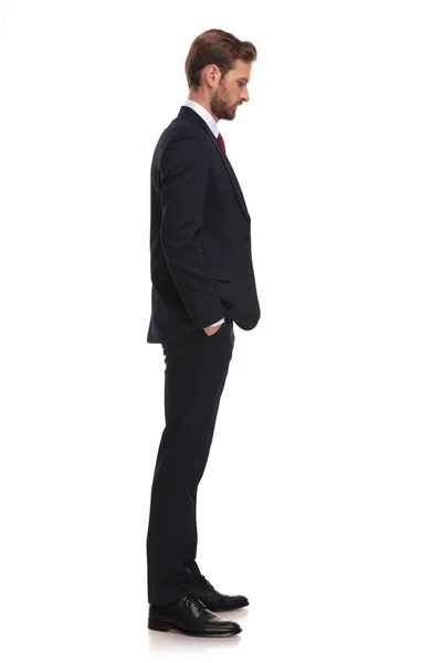 Businessman Standing White Background Waiting Line Looking Something — Stock Photo, Image