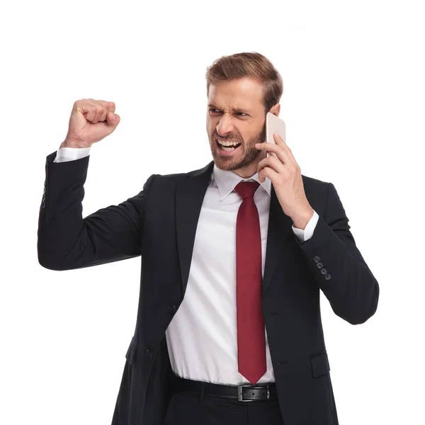 Portrait Excited Businessman Talking Phone Celebrating Fist Air While Looking — Stock Photo, Image