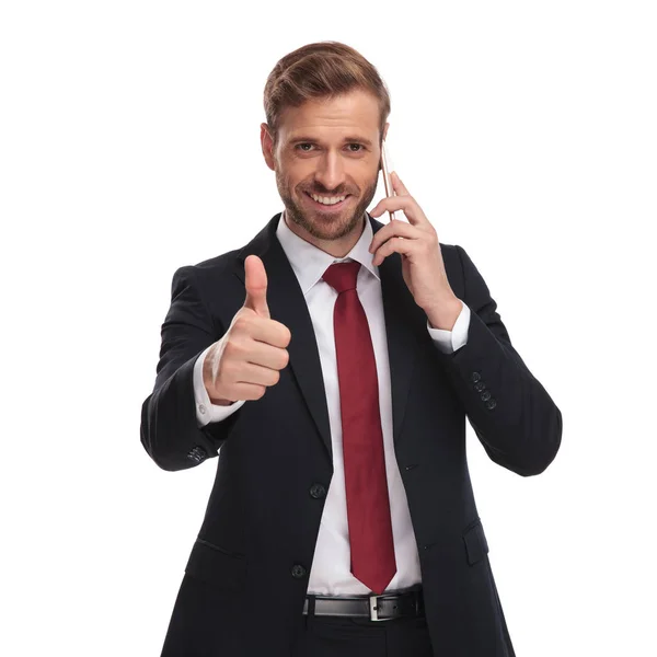 Retrato Del Hombre Negocios Hablando Por Teléfono Haciendo Señal Mientras —  Fotos de Stock