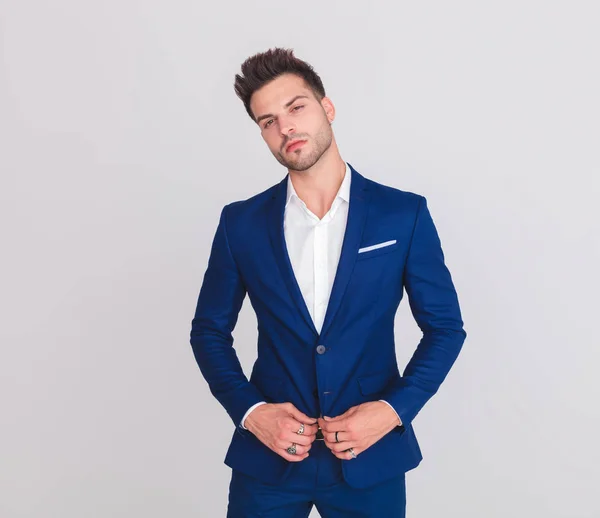 Portrait Proud Attractive Man Buttoning His Blue Suit While Standing — Stock Photo, Image