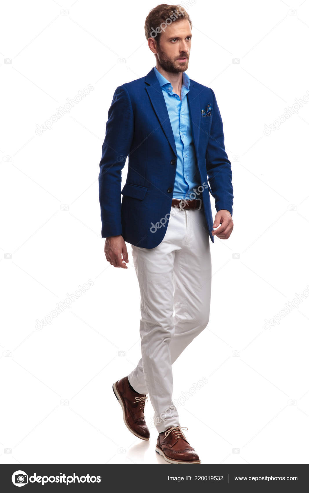 blue coat pant white shirt