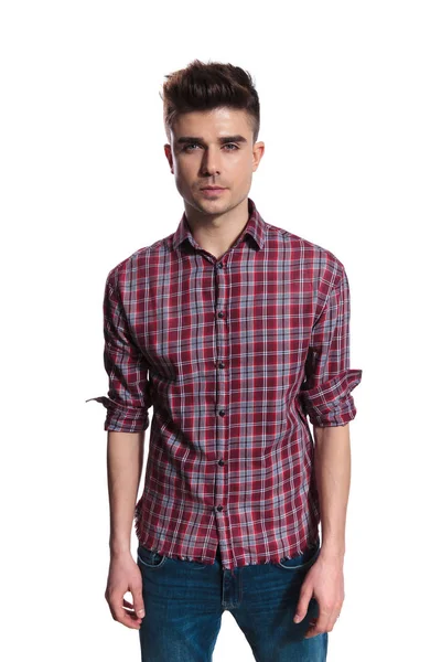 Portrait Attractive Young Man Wearing Red Plaid Shirt While Standing — Stock Photo, Image
