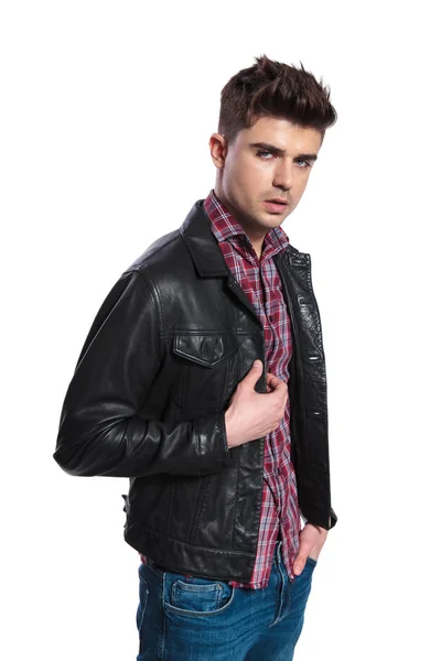 Portrait Seductive Young Man Holding Black Leather Jacket Collar While — Stock Photo, Image