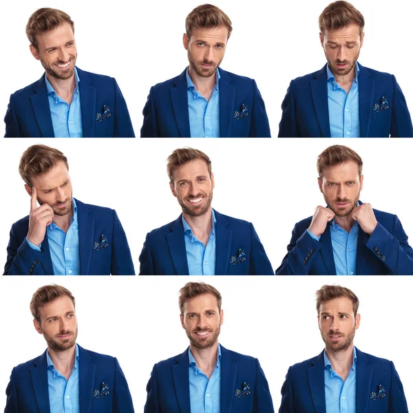 Nine Images Collage Young Elegant Man Faces White Background — Stock Photo, Image