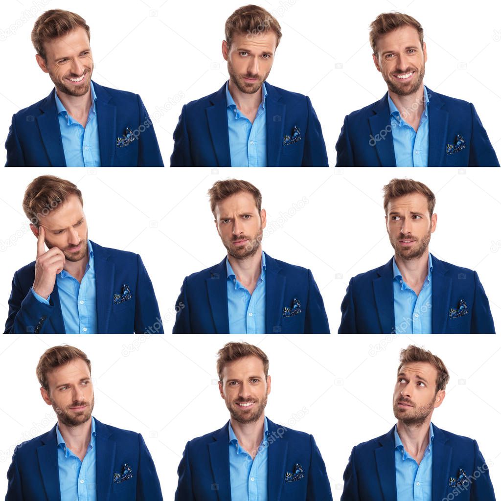 funny collage of 9 images of a young sexy man in elegant clothes on white background