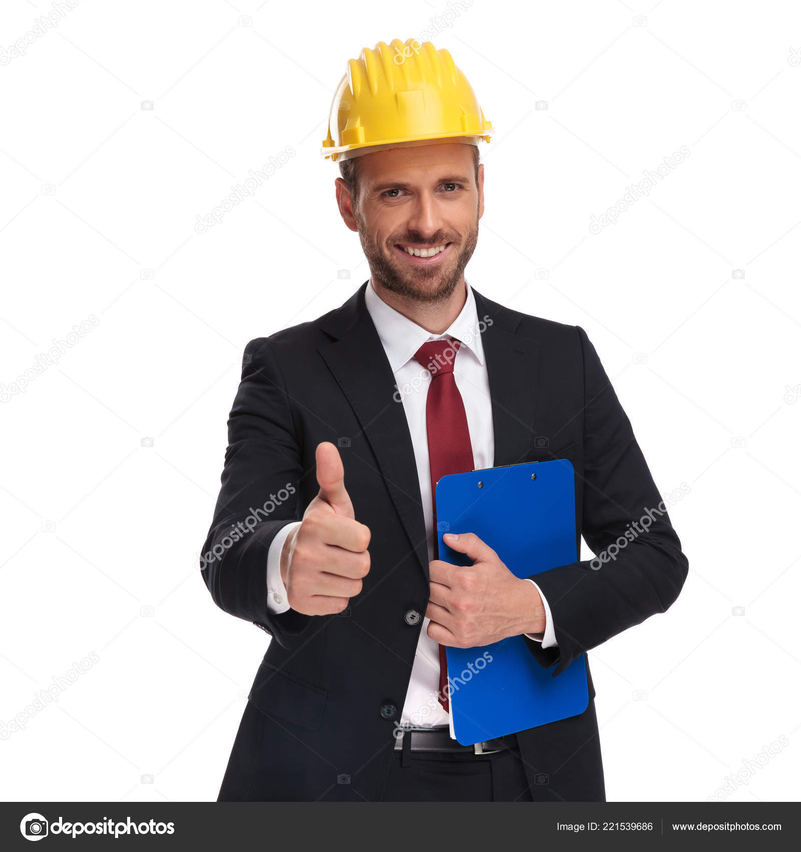 Portrait Engineer Boss Blue Folder Making Sign While Standing