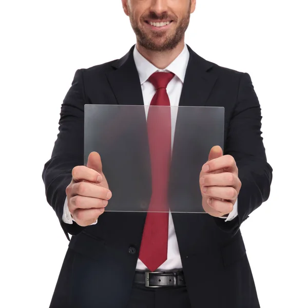 Body Smiling Businessman Presenting Futuristic Tablet While Standing White Background — Stock Photo, Image