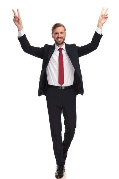 Happy Businessman Walking Celebrating Hands Air While Making Peace Sign — Stock Photo, Image