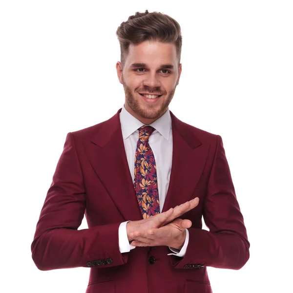 Portrait Happy Businessman Wearing Grena Colored Suit Rubbing His Palms — Stock Photo, Image