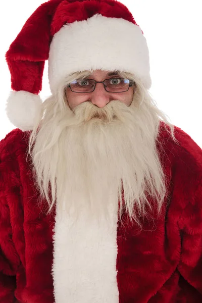 Portrait Old Santa Claus Wearing Glasses Standing White Background — Stock Photo, Image
