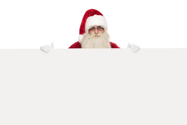 Saint Nick Sobie Okulary Kostium Santa Posiada Biały Billboard Stojąc — Zdjęcie stockowe