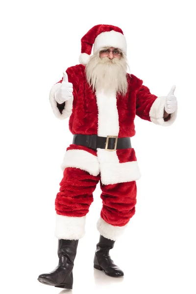 Merry Saint Nick Makes Sign While Standing White Background Full — Stock Photo, Image