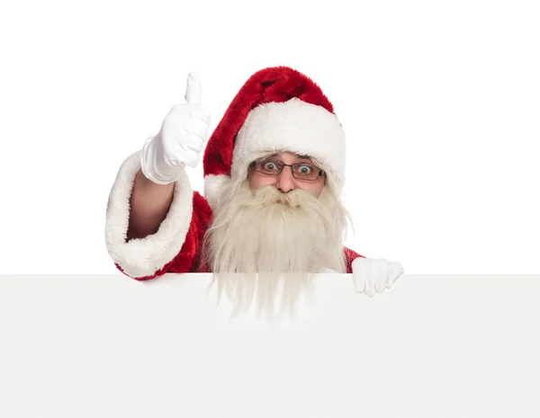 Old Saint Nick Holds Empty Billboard Makes Thumbs Sign While — Stock Photo, Image