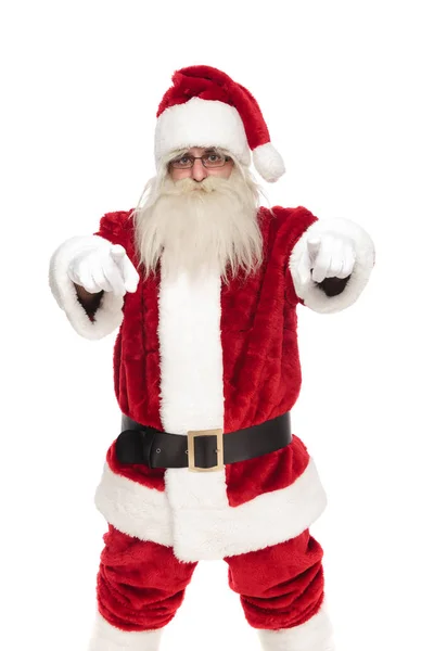 Portrait Happy Saint Nick Pointing Fingers While Standing White Background — Stock Photo, Image