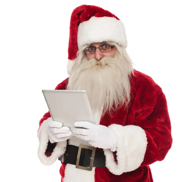 Portrait Saint Nick Holding Grey Tablet While Standing White Background — Stock Photo, Image