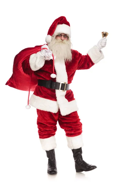 Happy Santa Claus Sings Christmas Carol While Holding His Bag — Stock Photo, Image